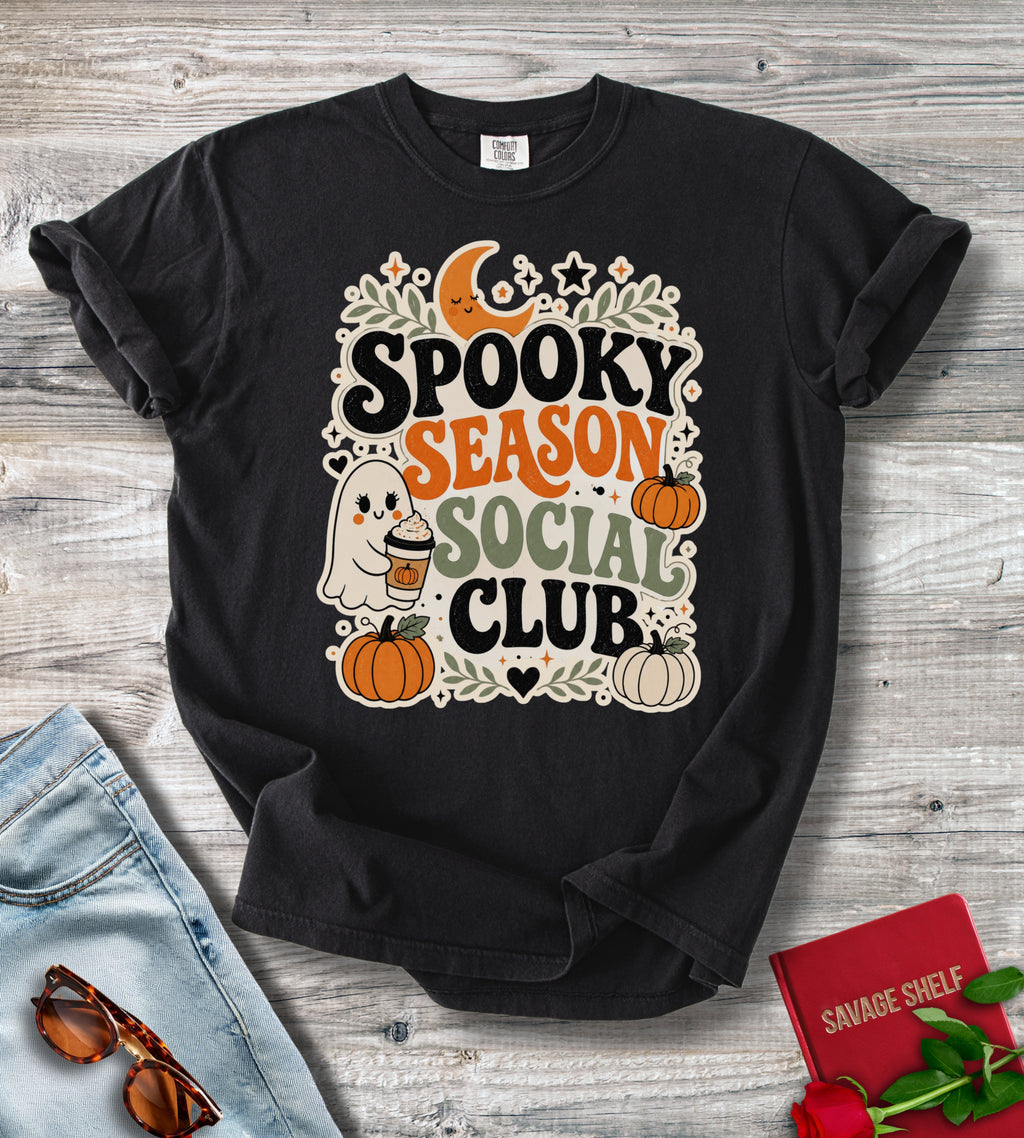 Spooky Season Social Club T-Shirt — Cute Halloween Ghost & Pumpkins Tee
