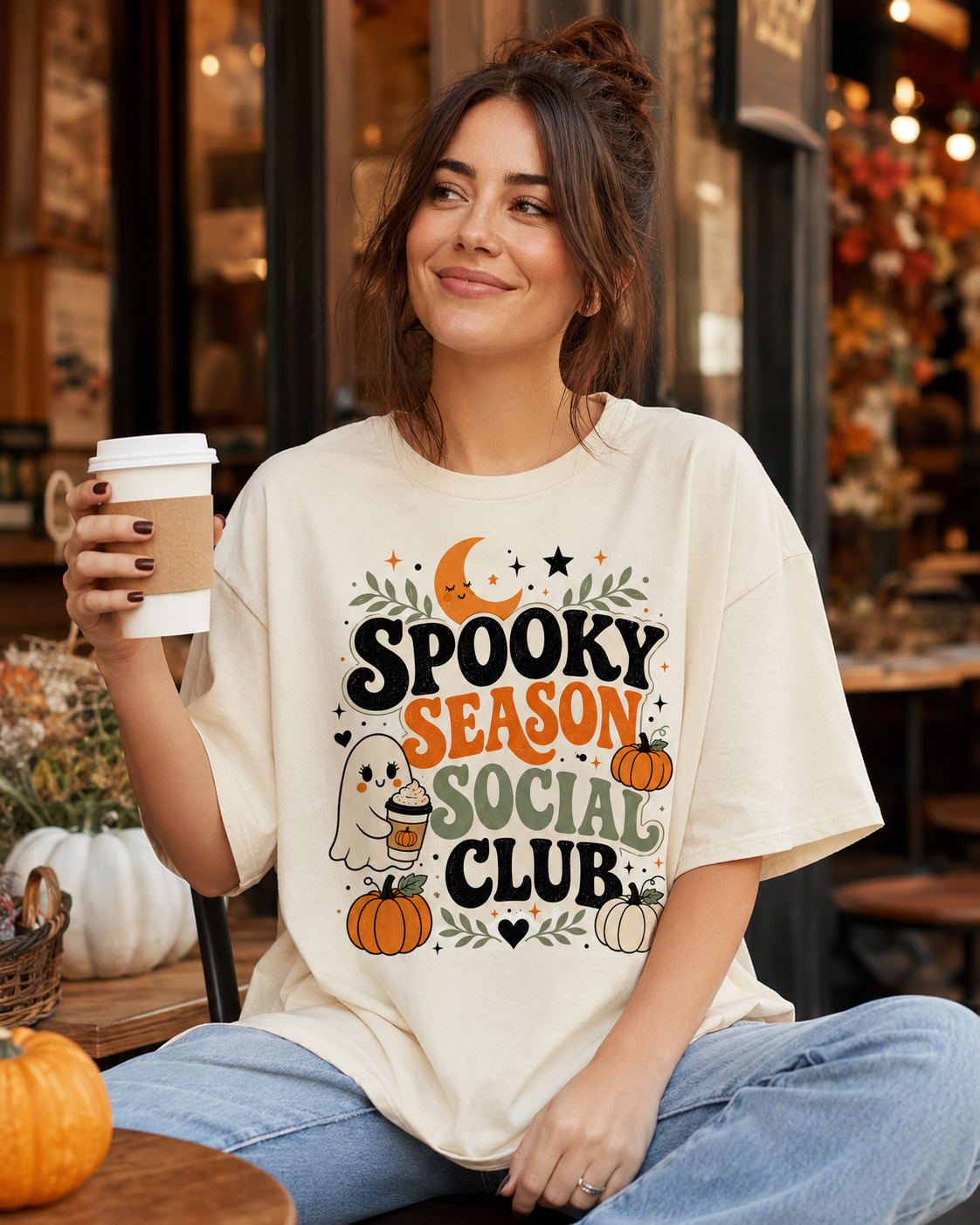 Spooky Season Social Club T-Shirt — Cute Halloween Ghost & Pumpkins Tee