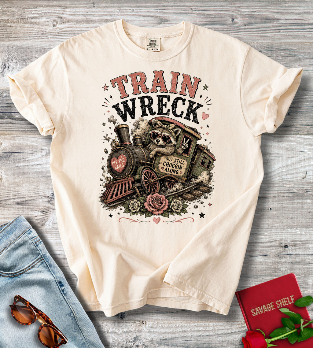Train Wreck Vintage Steam Engine T‑Shirt — Retro Locomotive Graphic Tee
