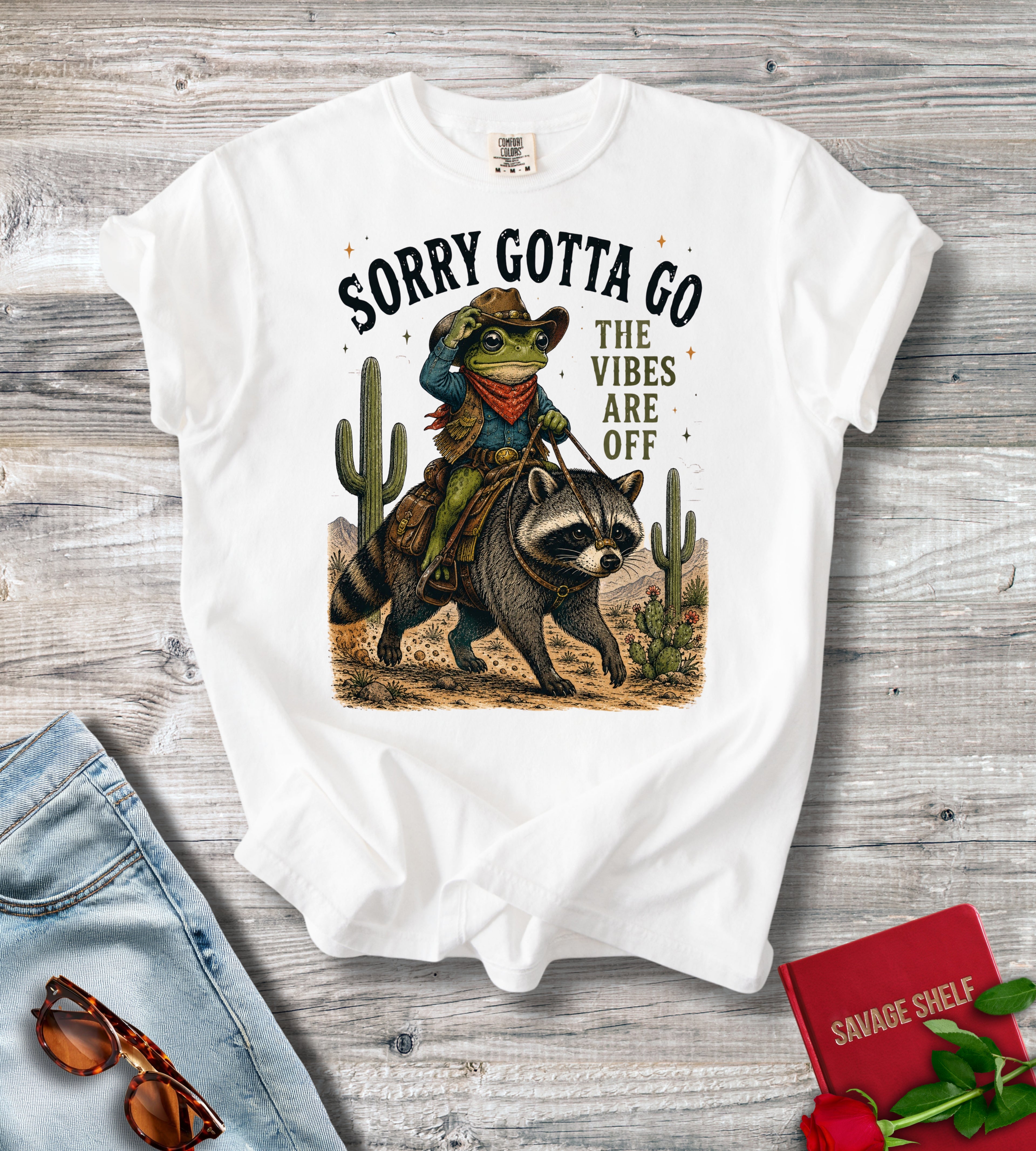 Sorry Gotta Go T-Shirt — Western Raccoon Cowboy Graphic Tee