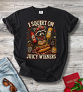 Funny Hot Dog T-Shirt — “I Squirt On Juicy Wieners” Raccoon BBQ Graphic Tee