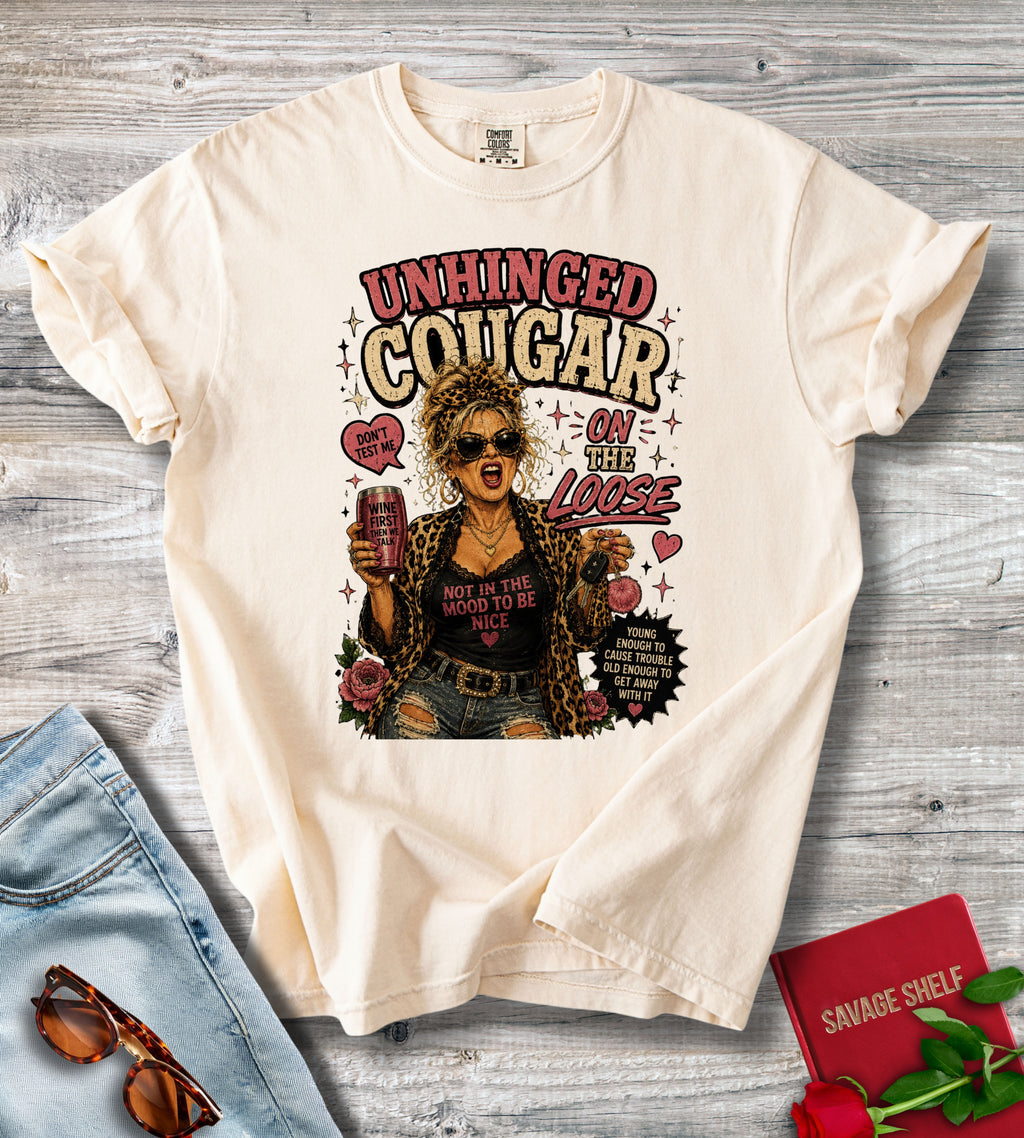 Unhinged Cougar Graphic T-Shirt — Retro Biker Babe Design