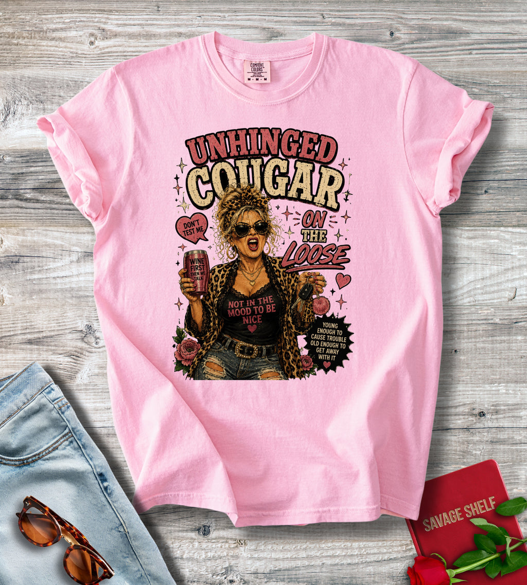 Unhinged Cougar Graphic T-Shirt — Retro Biker Babe Design