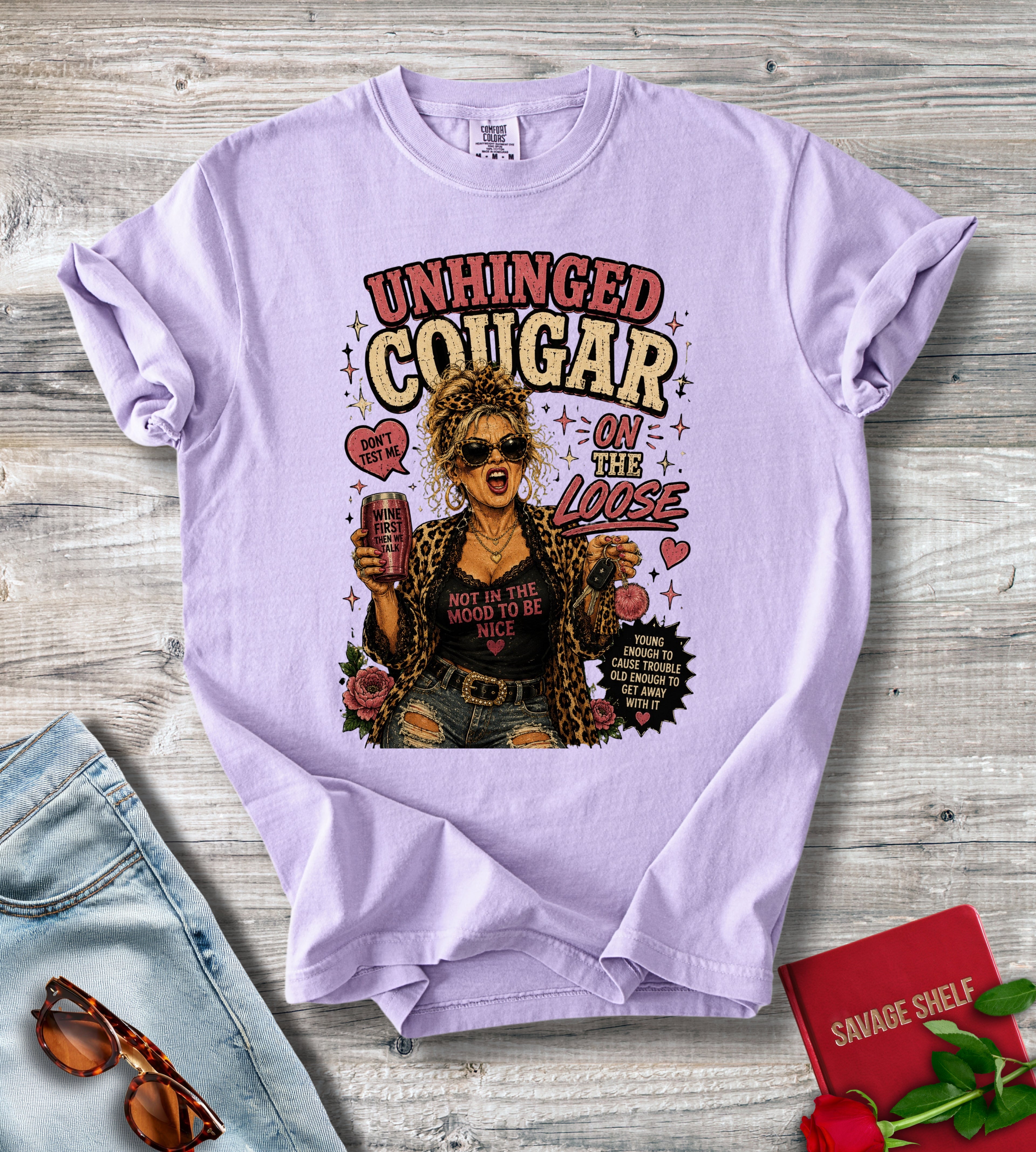 Unhinged Cougar Graphic T-Shirt — Retro Biker Babe Design