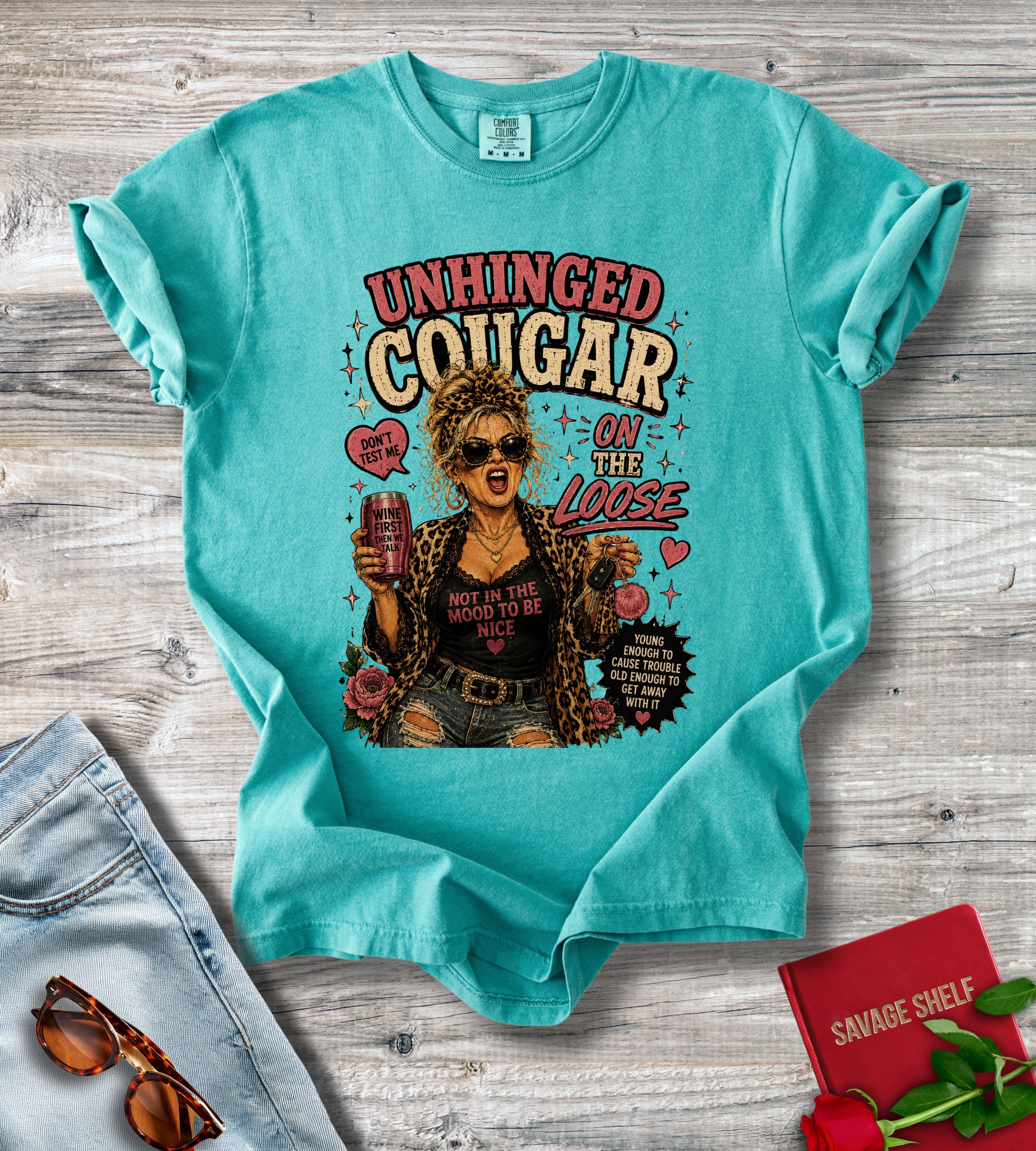 Unhinged Cougar Graphic T-Shirt — Retro Biker Babe Design