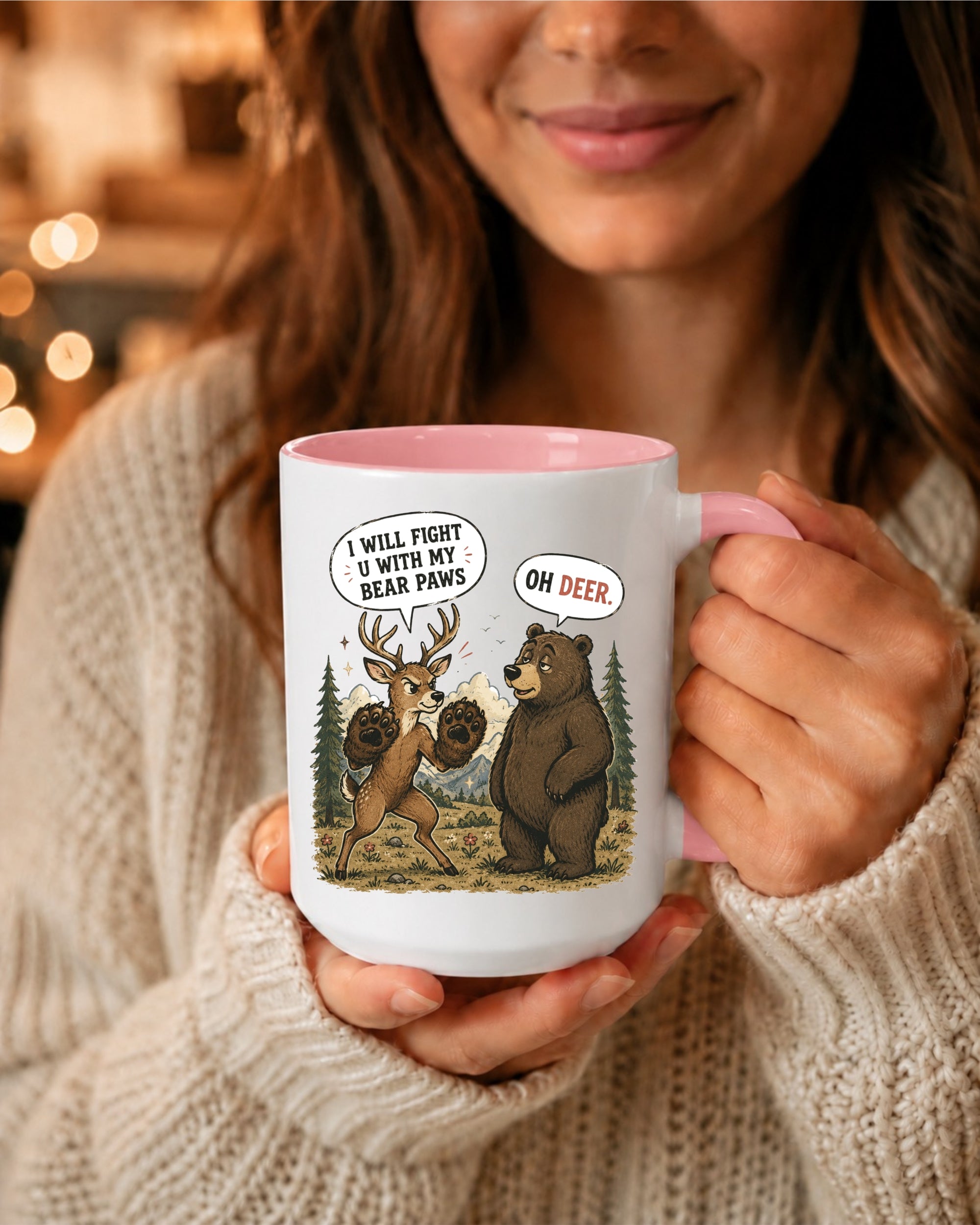 I Will Fight U With My Bear Paws - Funny Deer & Bear Illustration Coffee Mug