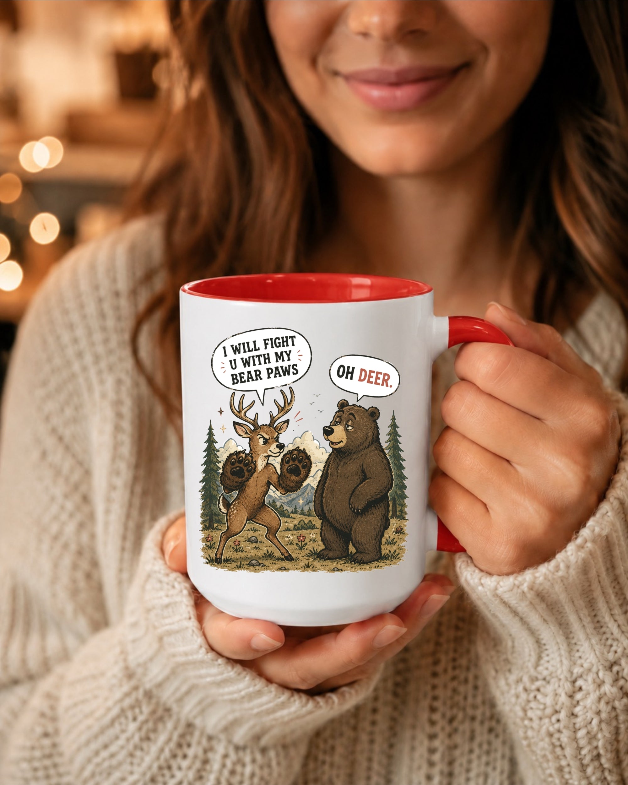 I Will Fight U With My Bear Paws - Funny Deer & Bear Illustration Coffee Mug