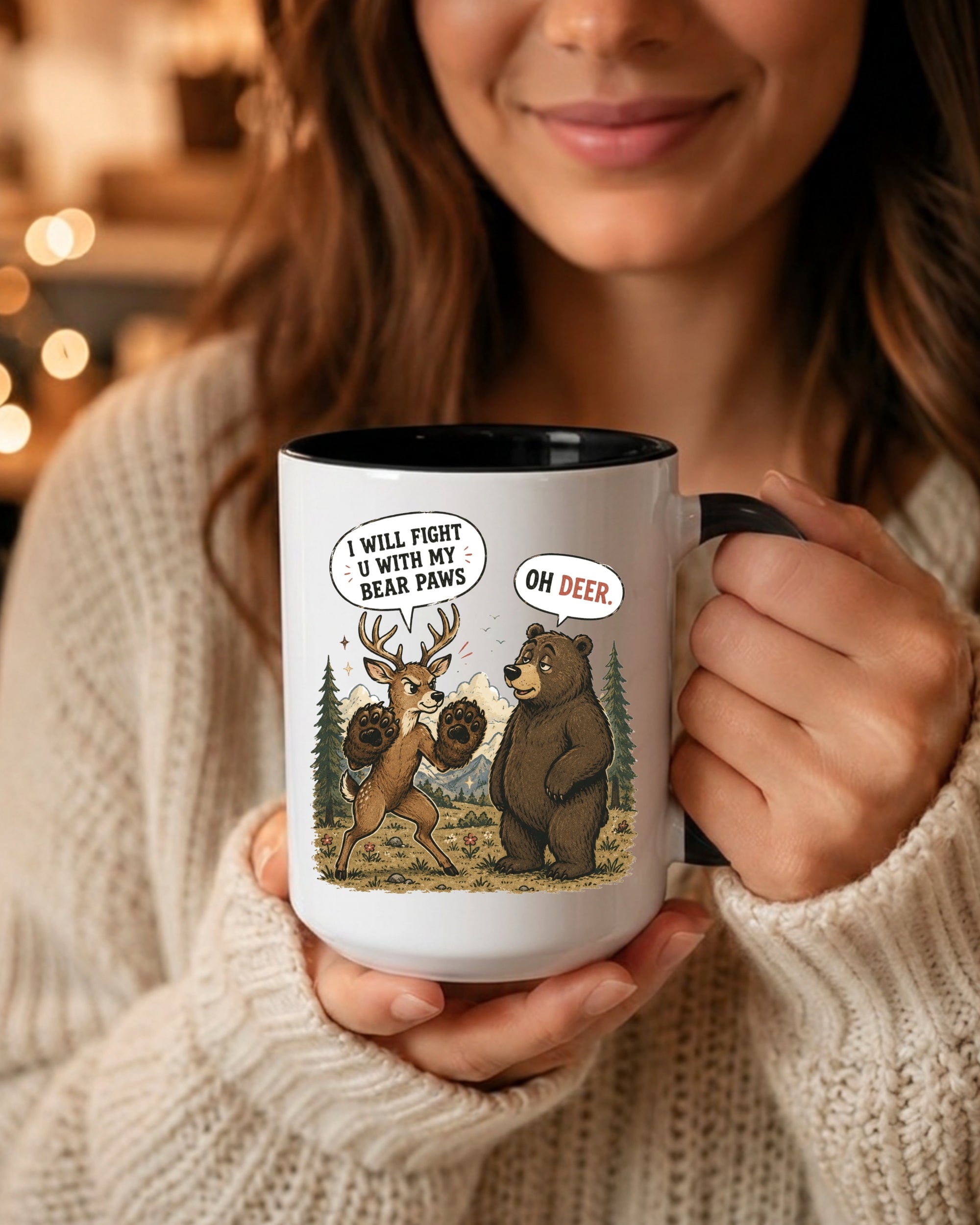 I Will Fight U With My Bear Paws - Funny Deer & Bear Illustration Coffee Mug