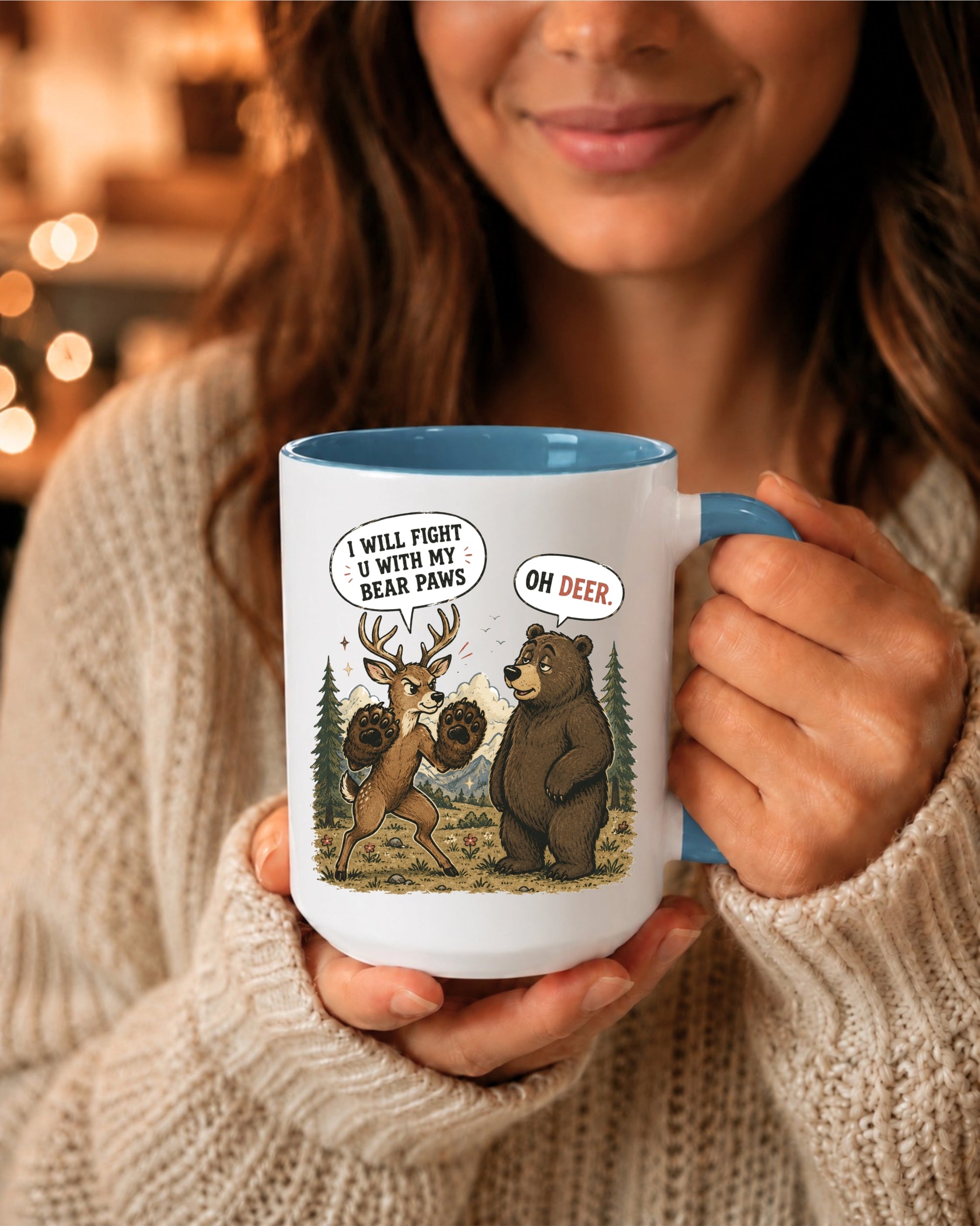 I Will Fight U With My Bear Paws - Funny Deer & Bear Illustration Coffee Mug