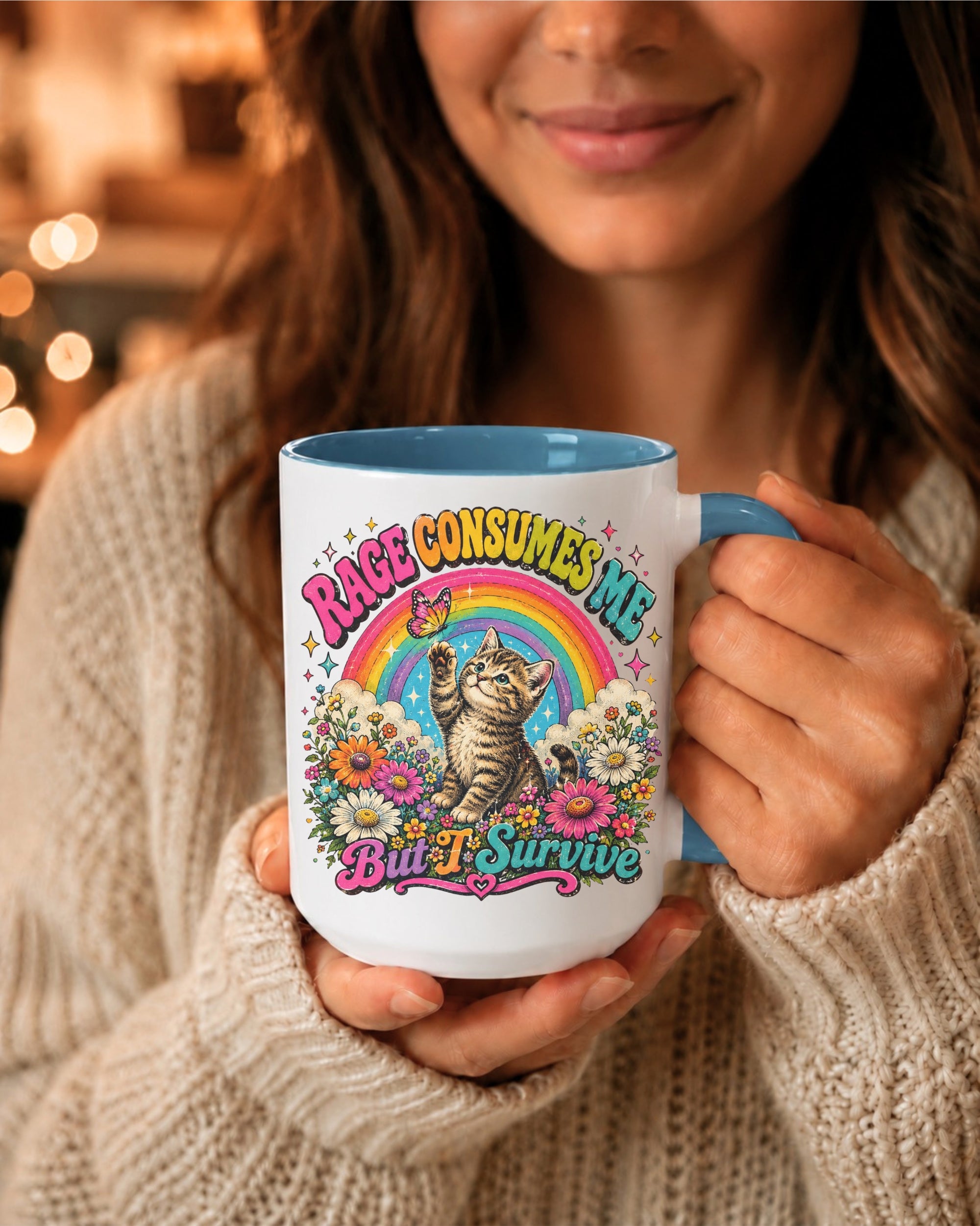 Rage Consumes Me But I Survive — Cute Cat Rainbow Floral Accent Coffee Mug (15oz)