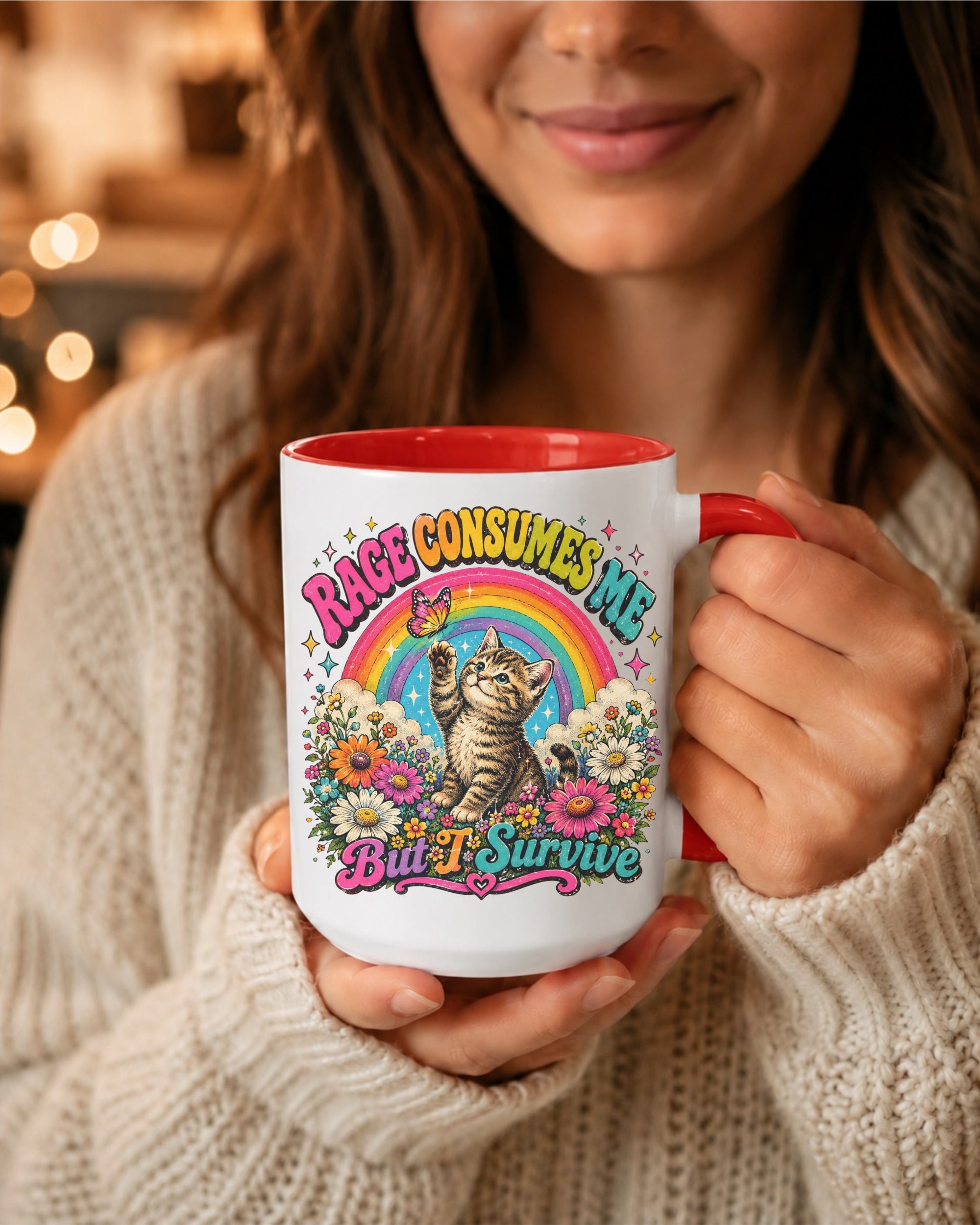 Rage Consumes Me But I Survive — Cute Cat Rainbow Floral Accent Coffee Mug (15oz)