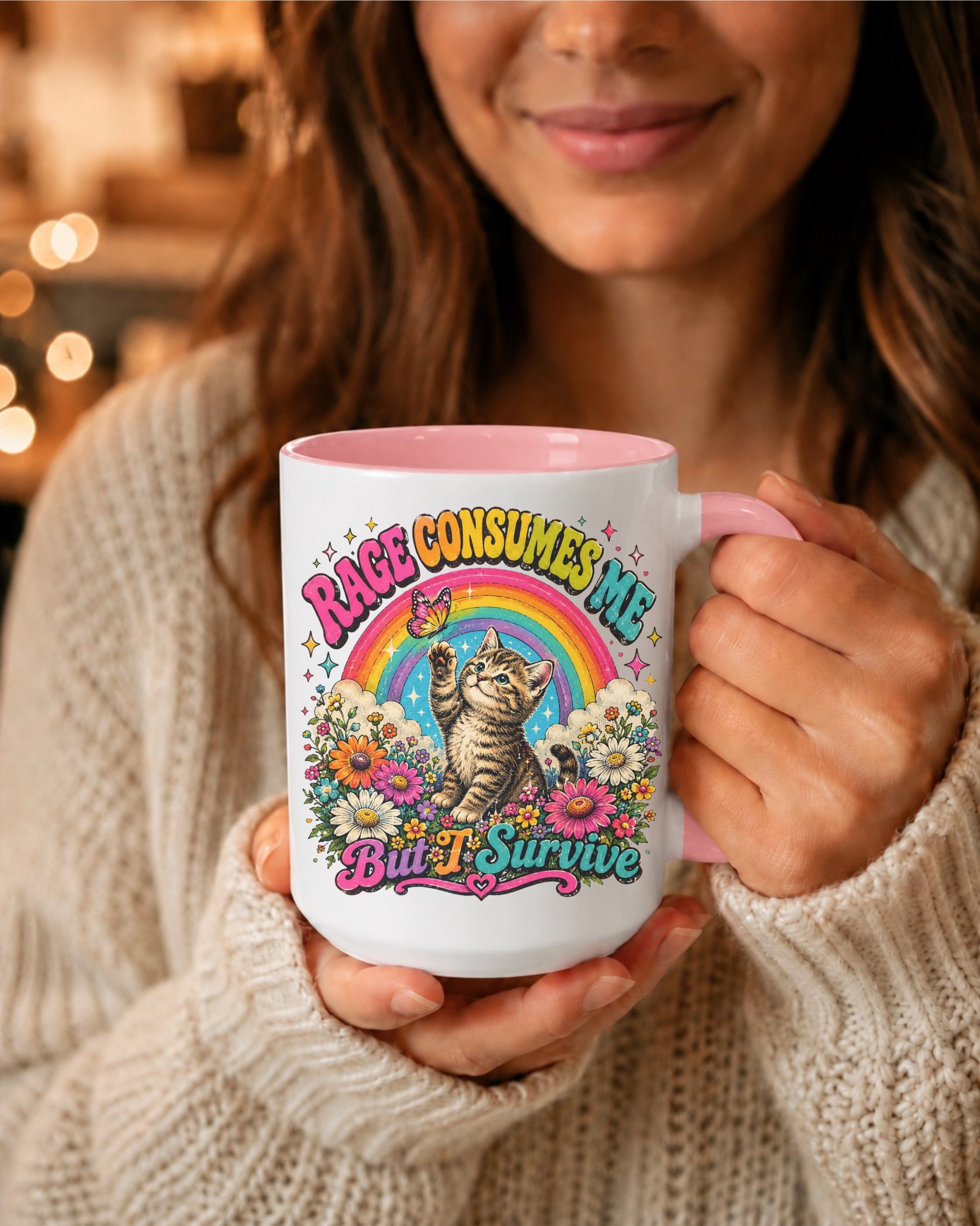 Rage Consumes Me But I Survive — Cute Cat Rainbow Floral Accent Coffee Mug (15oz)
