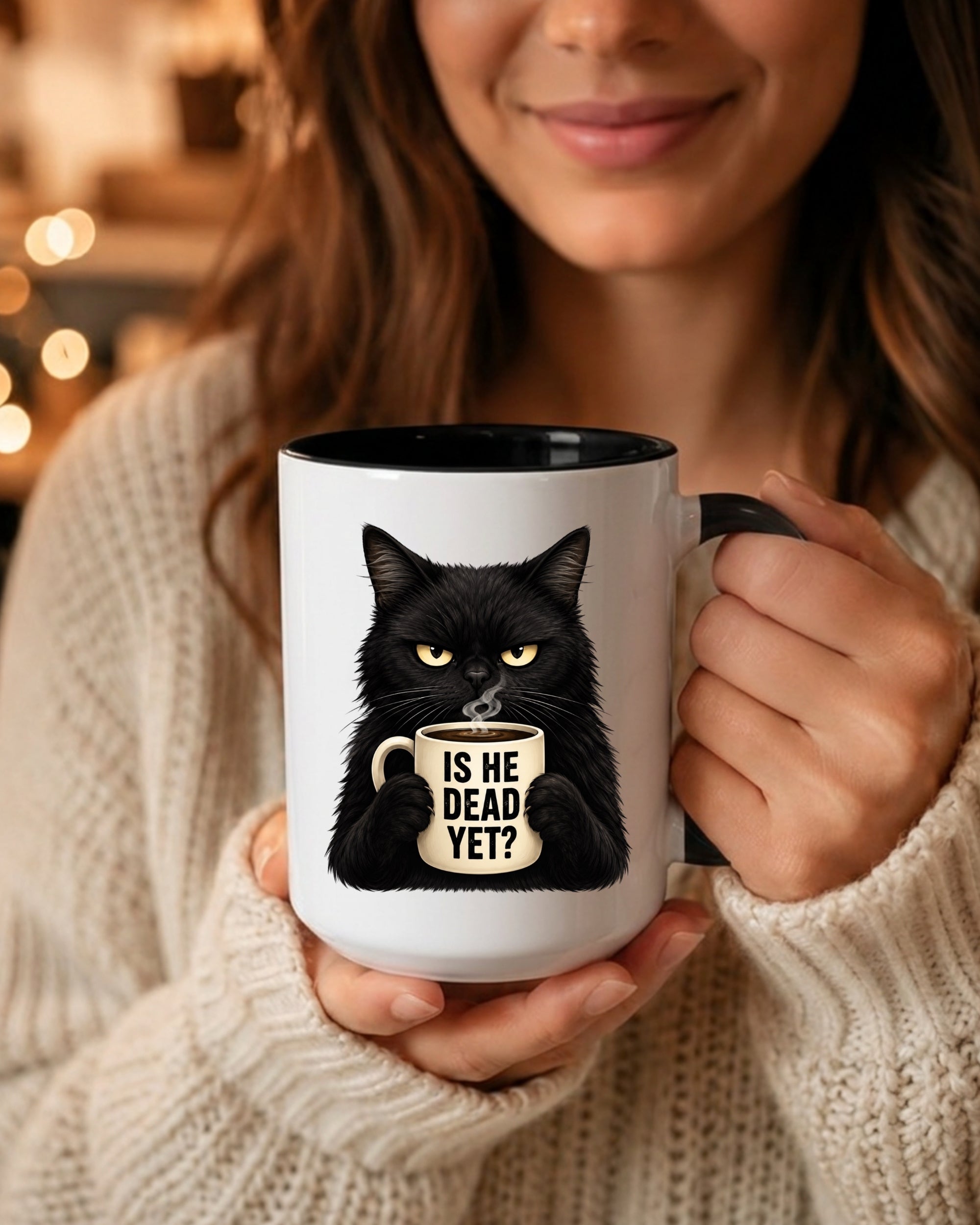 Funny Black Cat Coffee Mug — “Is He Dead Yet?” Coffee Mug for Cat Lovers & Sarcastic Gifts