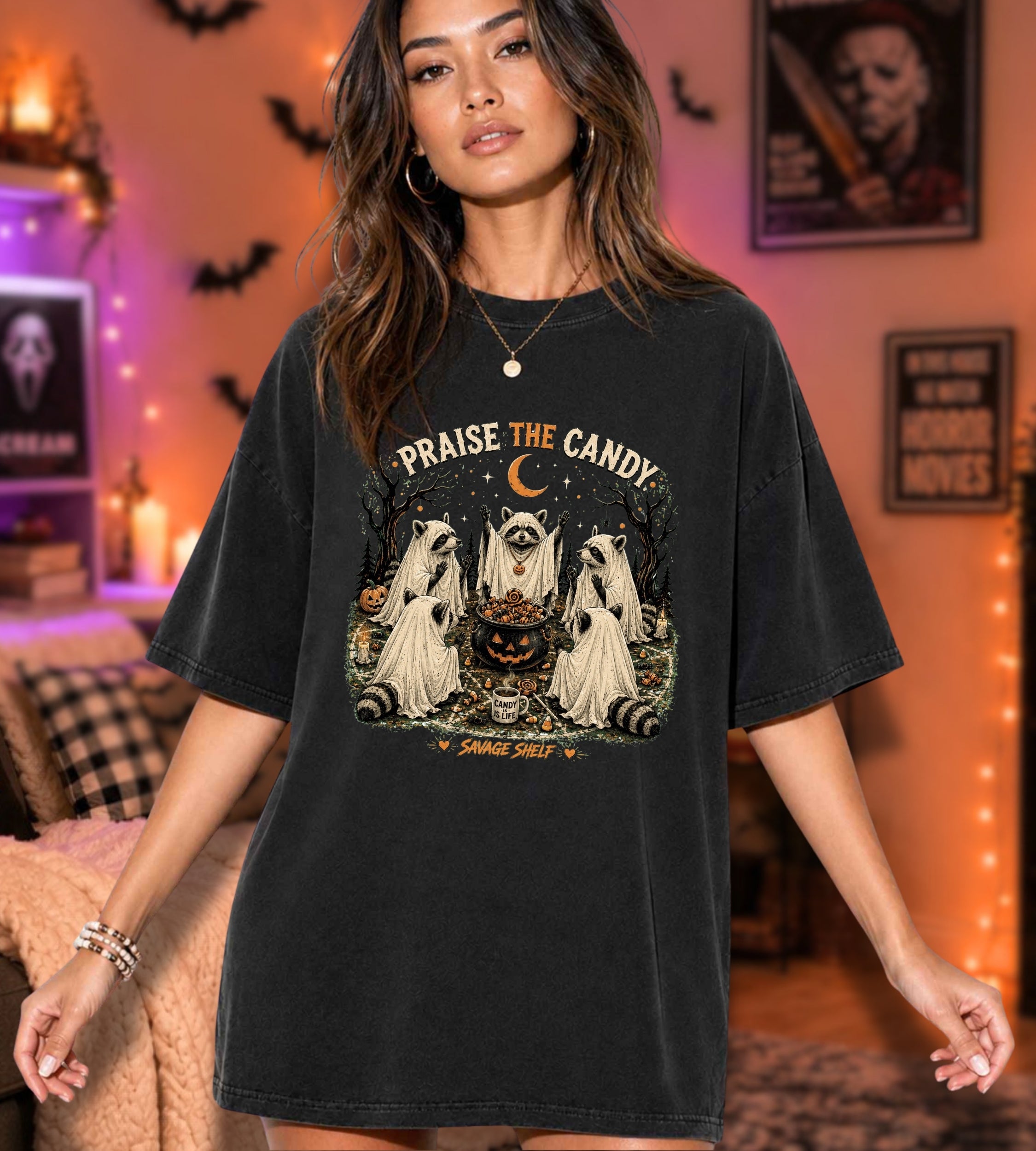 Halloween Ghost Racoon T-Shirt — "Praise the Candy" Vintage Spooky Tee