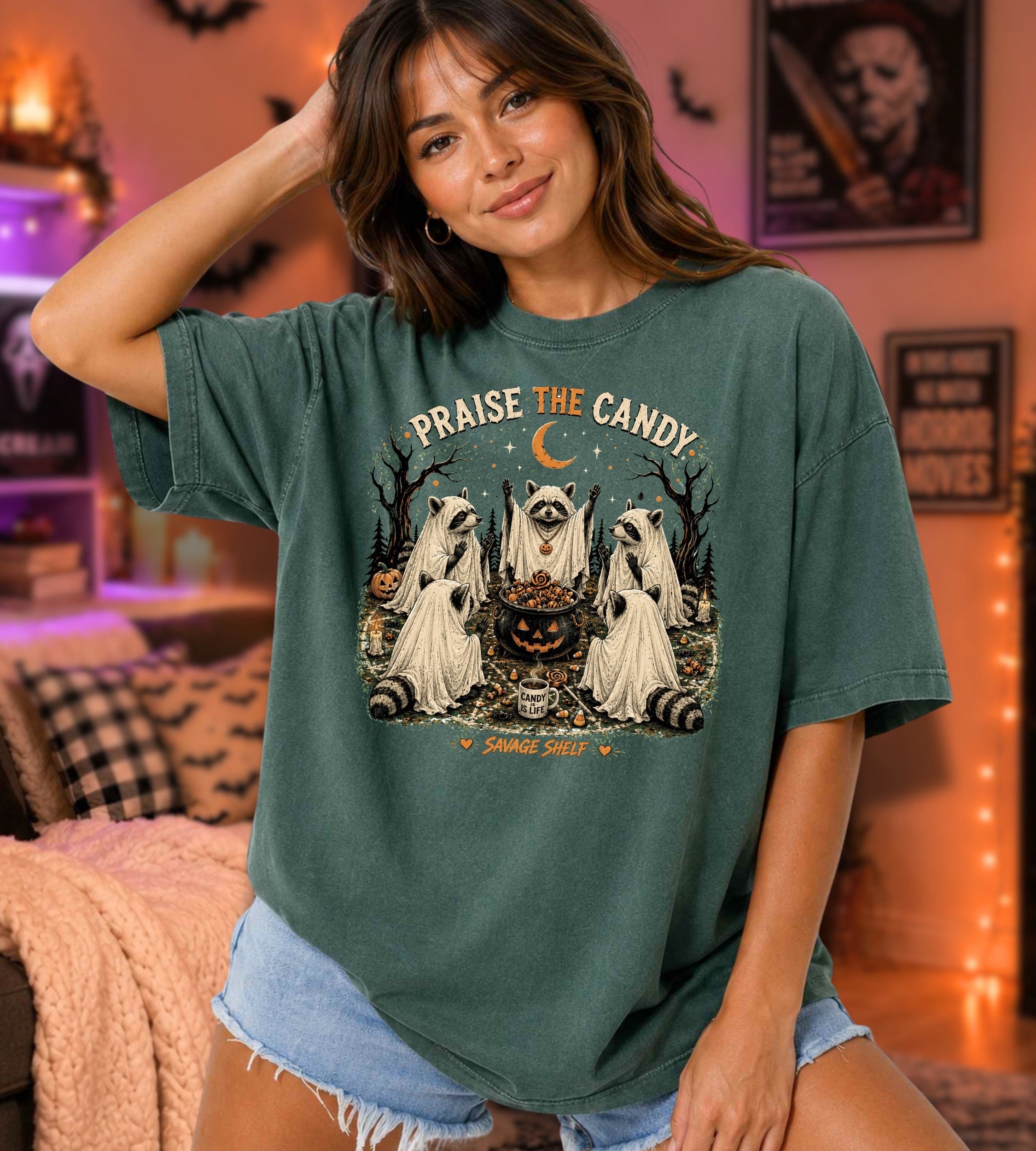 Halloween Ghost Racoon T-Shirt — "Praise the Candy" Vintage Spooky Tee