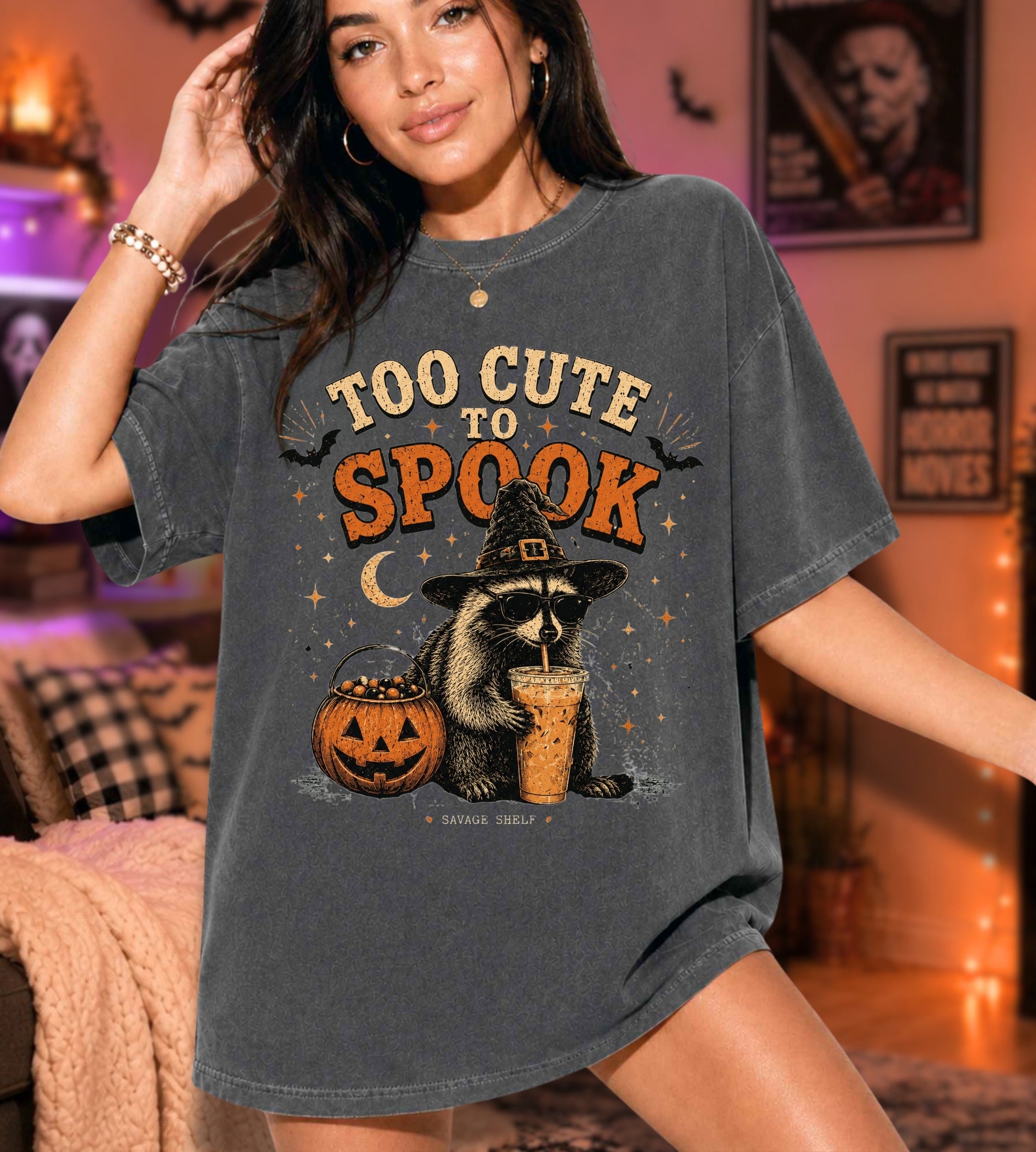 Too Cute to Spook T-Shirt — Halloween Raccoon Witch Pumpkin Tee