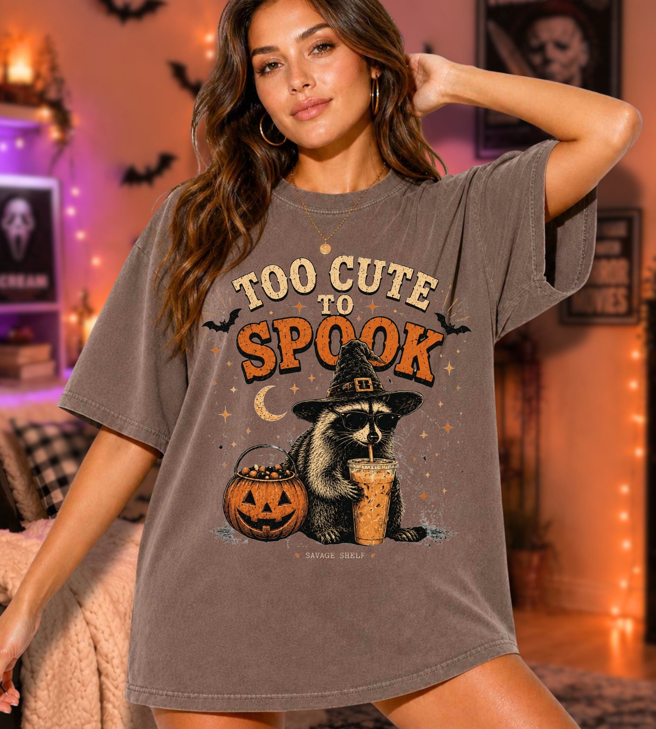 Too Cute to Spook T-Shirt — Halloween Raccoon Witch Pumpkin Tee
