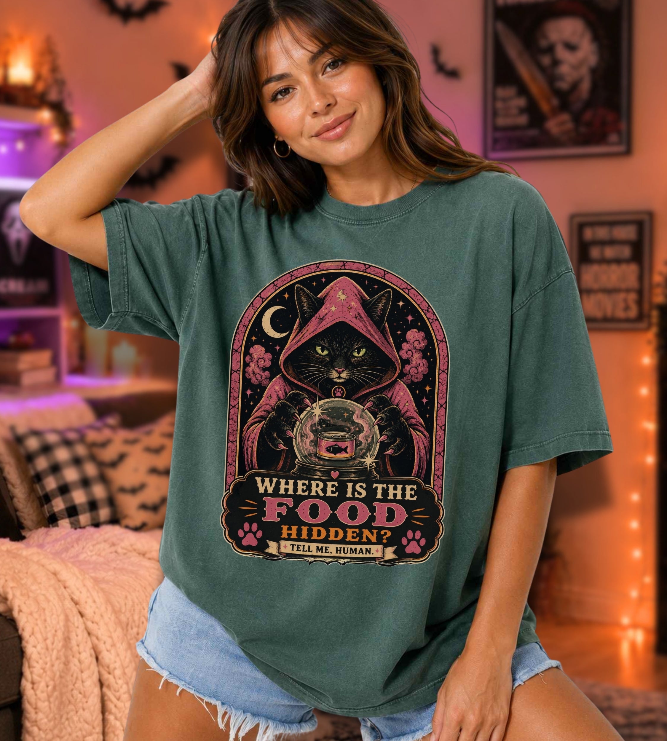 Cat Mystic T-Shirt — "Where Is The Food Hidden?" Graphic Tee