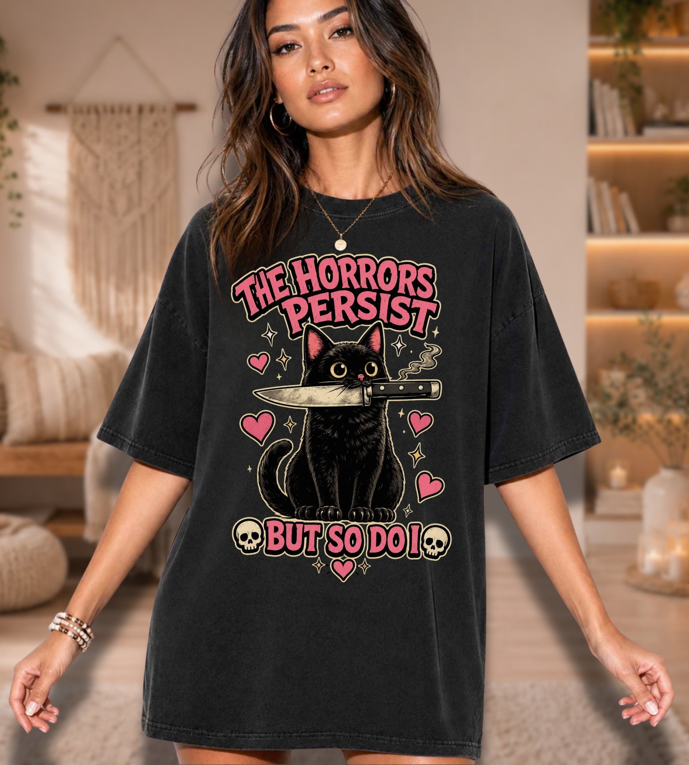 The Horrors Persist But So Do I Black Cat Graphic Tee
