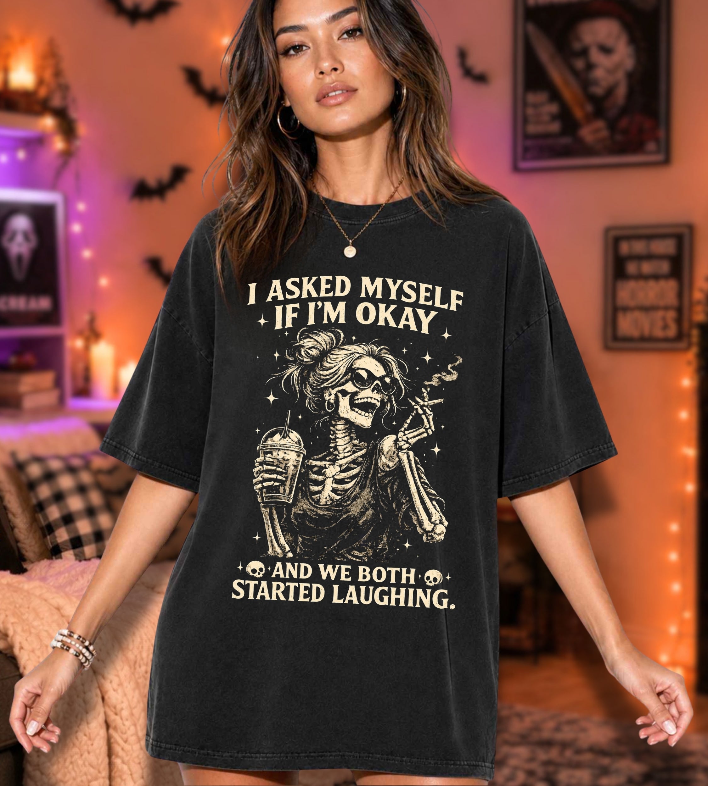 I Asked Myself If I'm Okay Funny Skeleton Graphic Tee