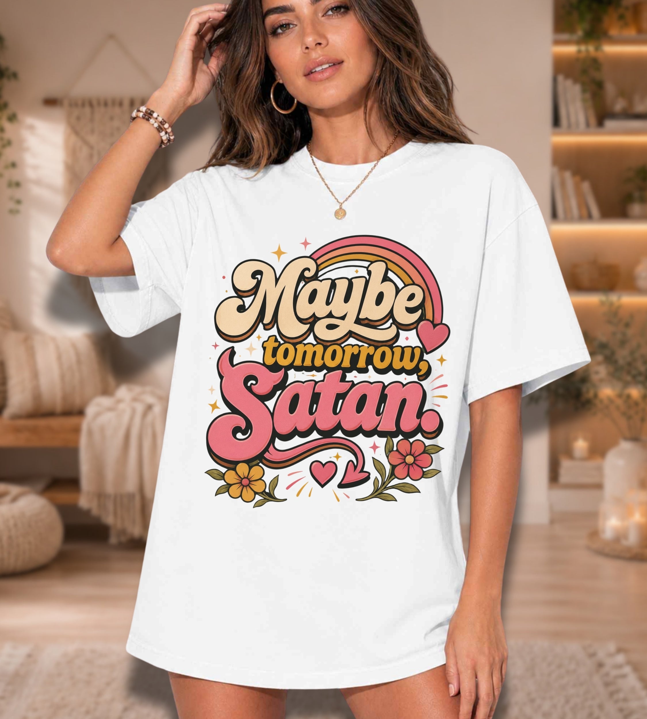 Maybe Tomorrow Satan Graphic Tee – Funny Retro Sarcastic Shirt