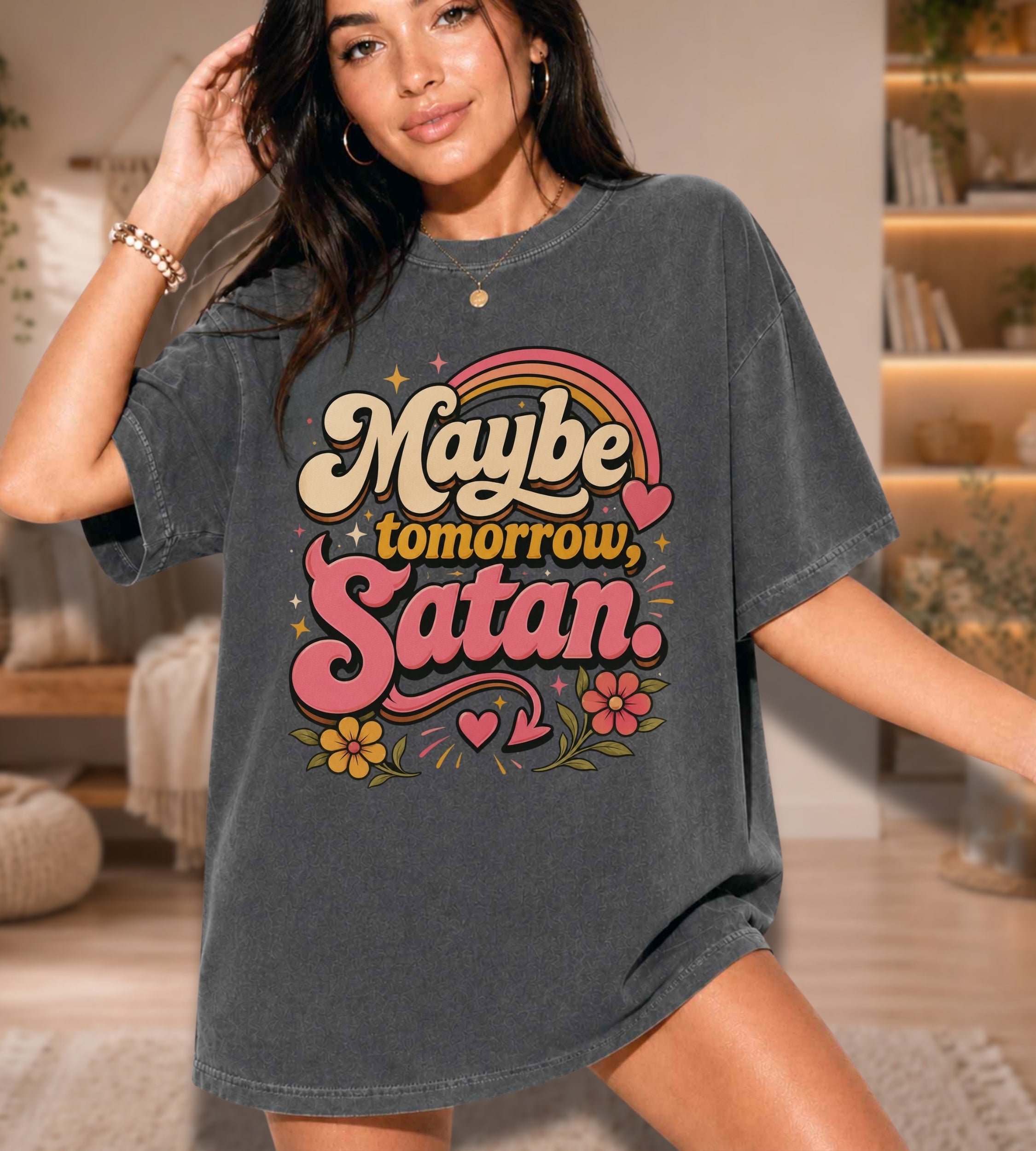 Maybe Tomorrow Satan Graphic Tee – Funny Retro Sarcastic Shirt
