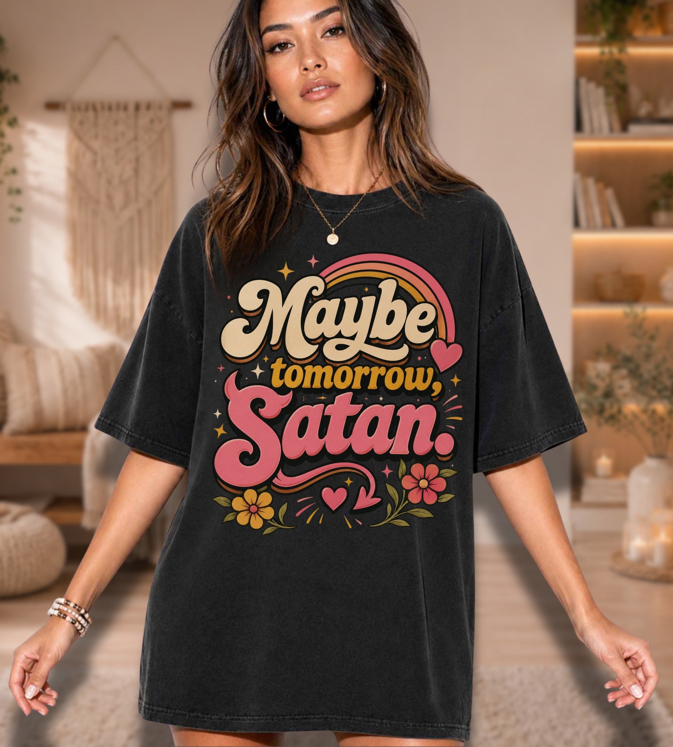 Maybe Tomorrow Satan Graphic Tee – Funny Retro Sarcastic Shirt
