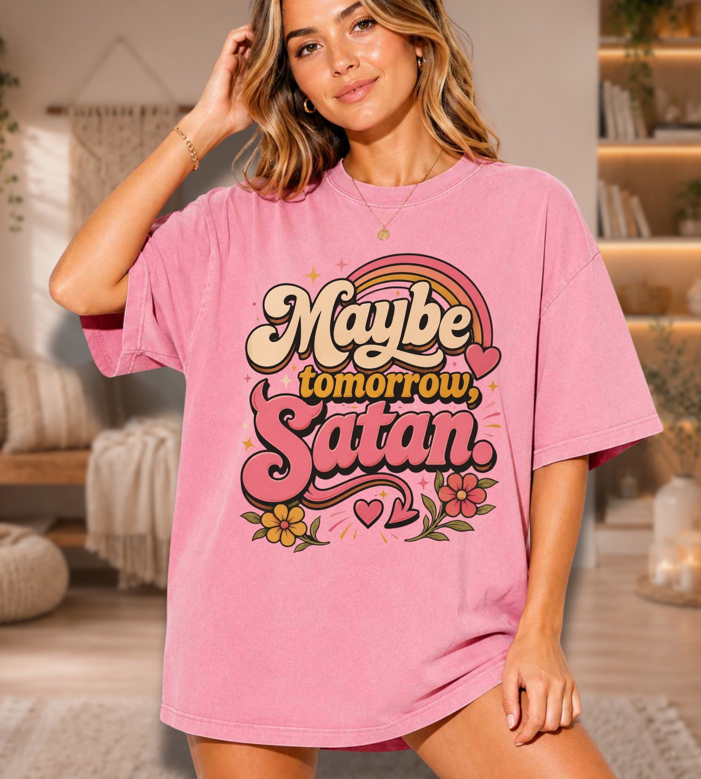 Maybe Tomorrow Satan Graphic Tee – Funny Retro Sarcastic Shirt