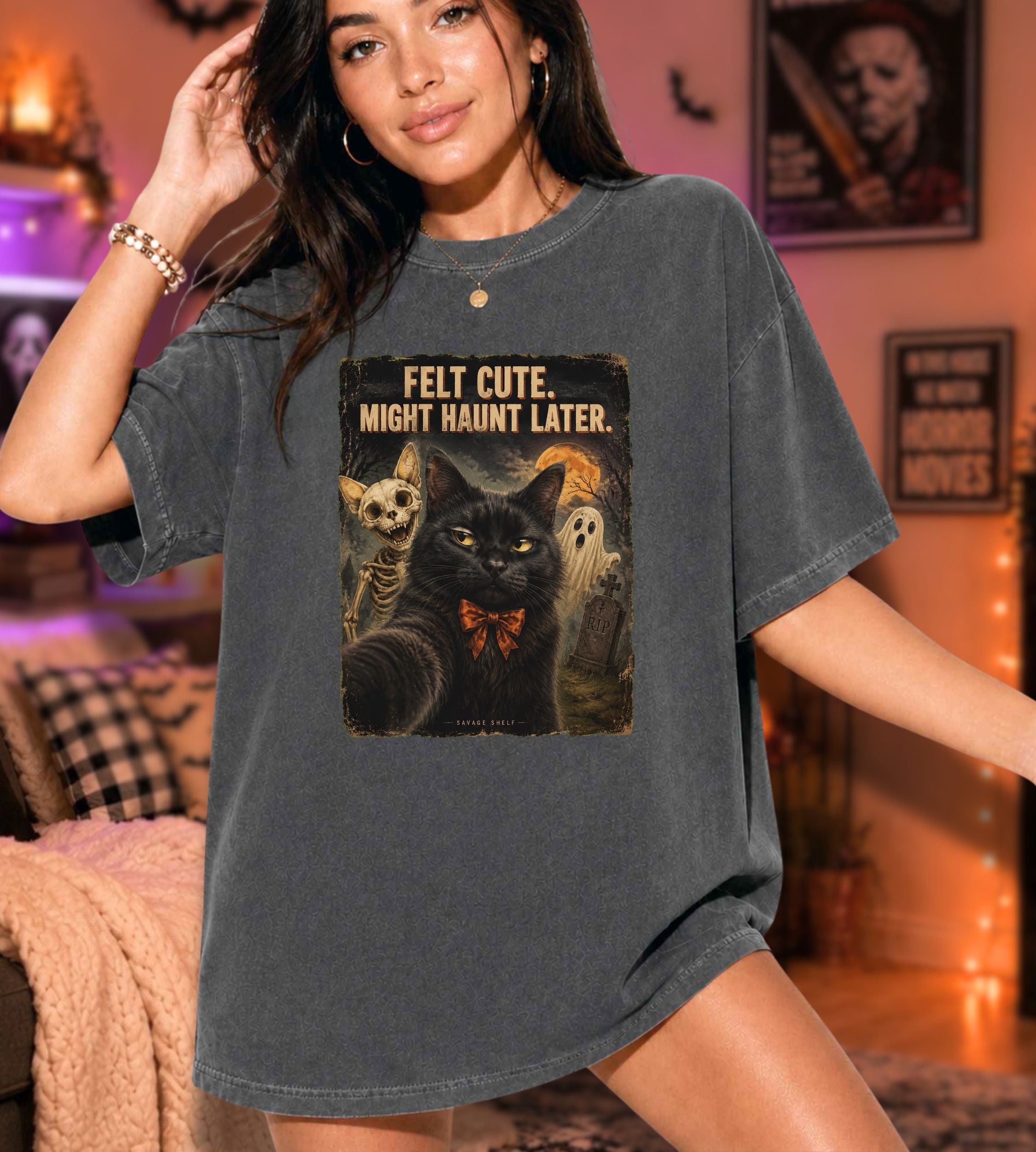 Felt Cute Haunt Later Cat T-Shirt
