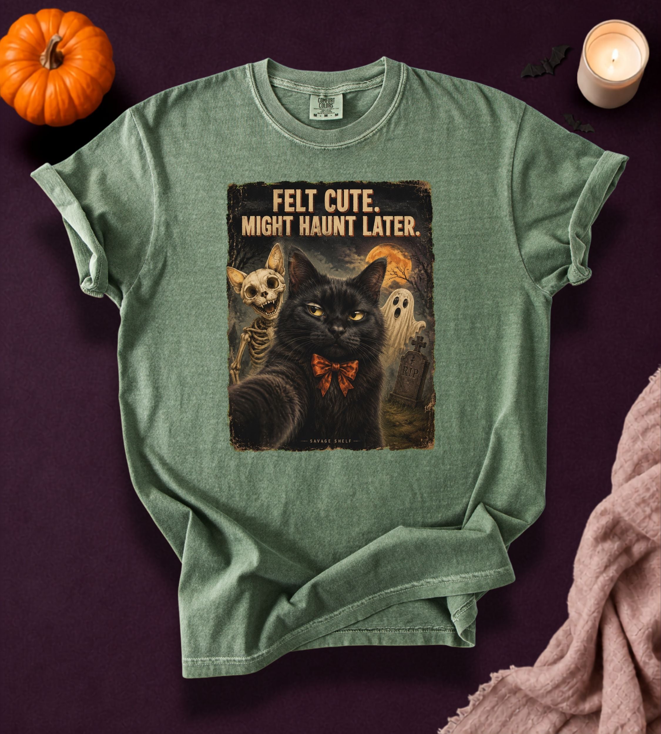 Felt Cute Haunt Later Cat T-Shirt