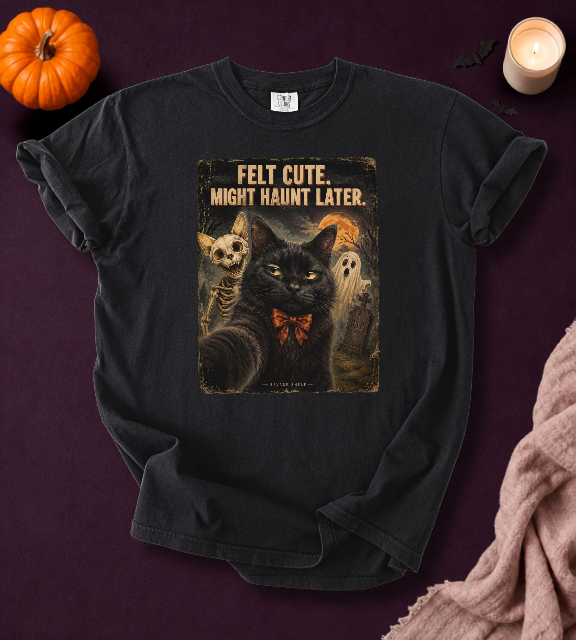 Felt Cute Haunt Later Cat T-Shirt