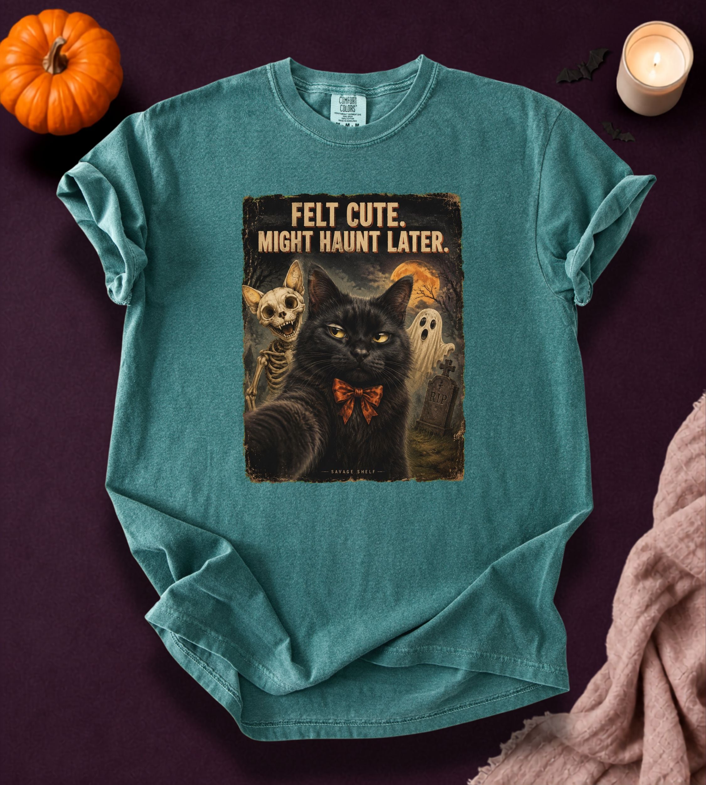 Felt Cute Haunt Later Cat T-Shirt