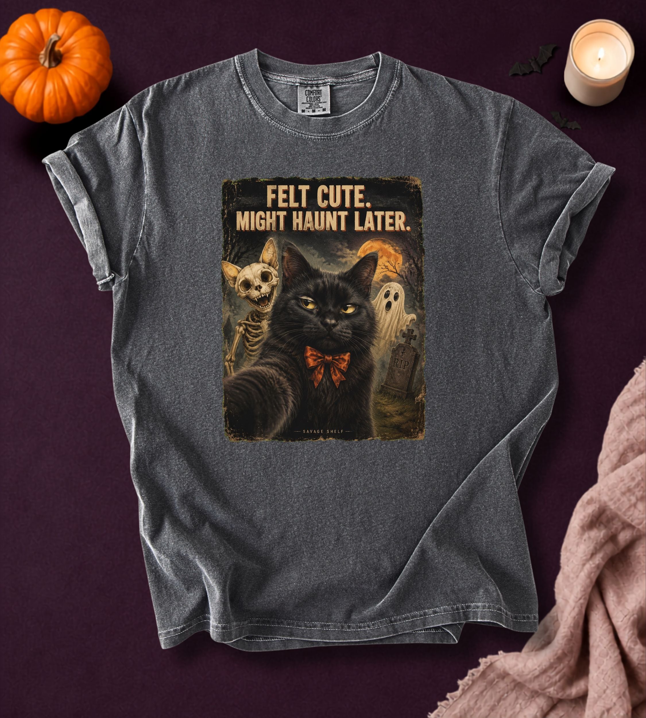 Felt Cute Haunt Later Cat T-Shirt
