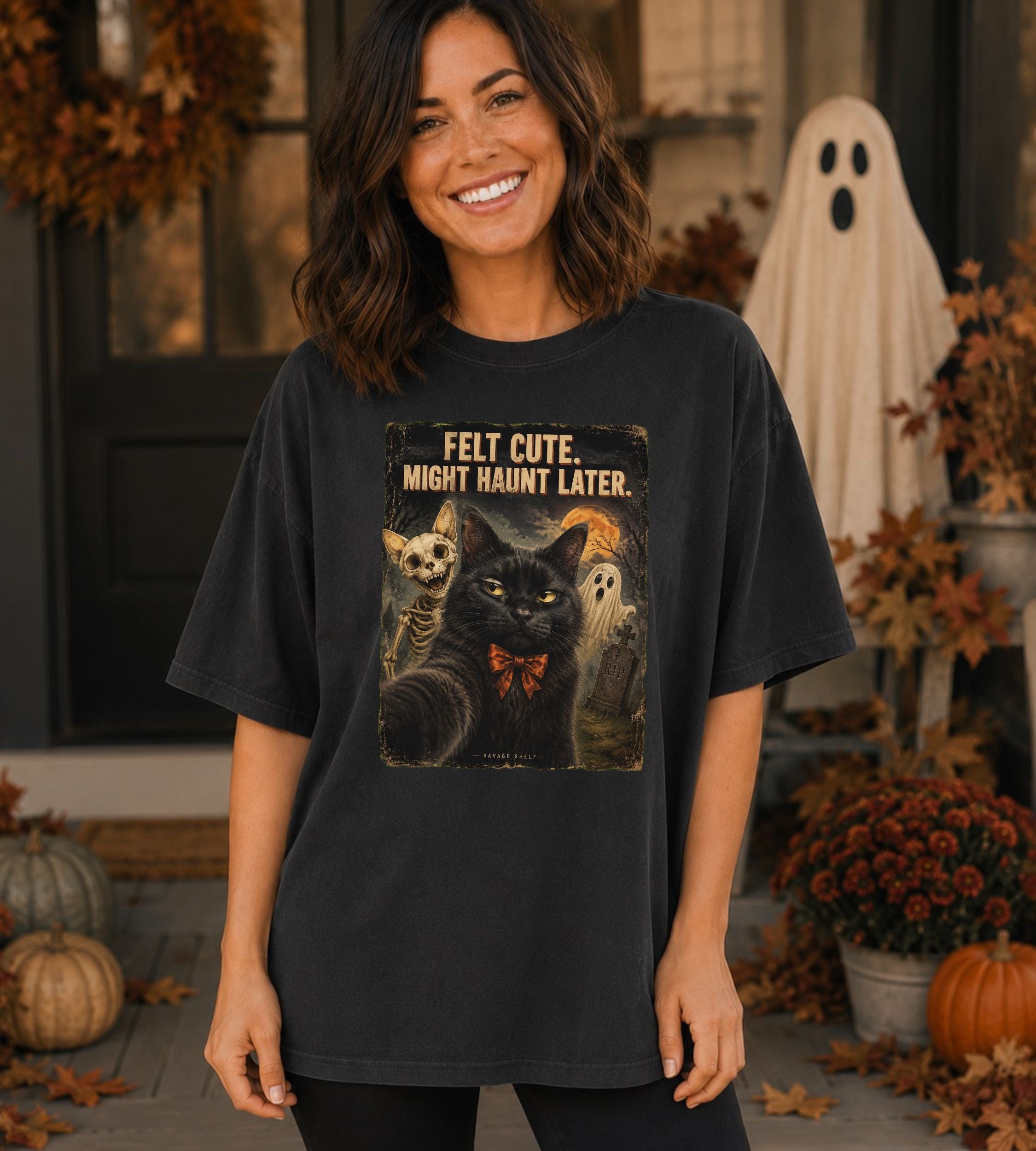 Felt Cute Haunt Later Cat T-Shirt