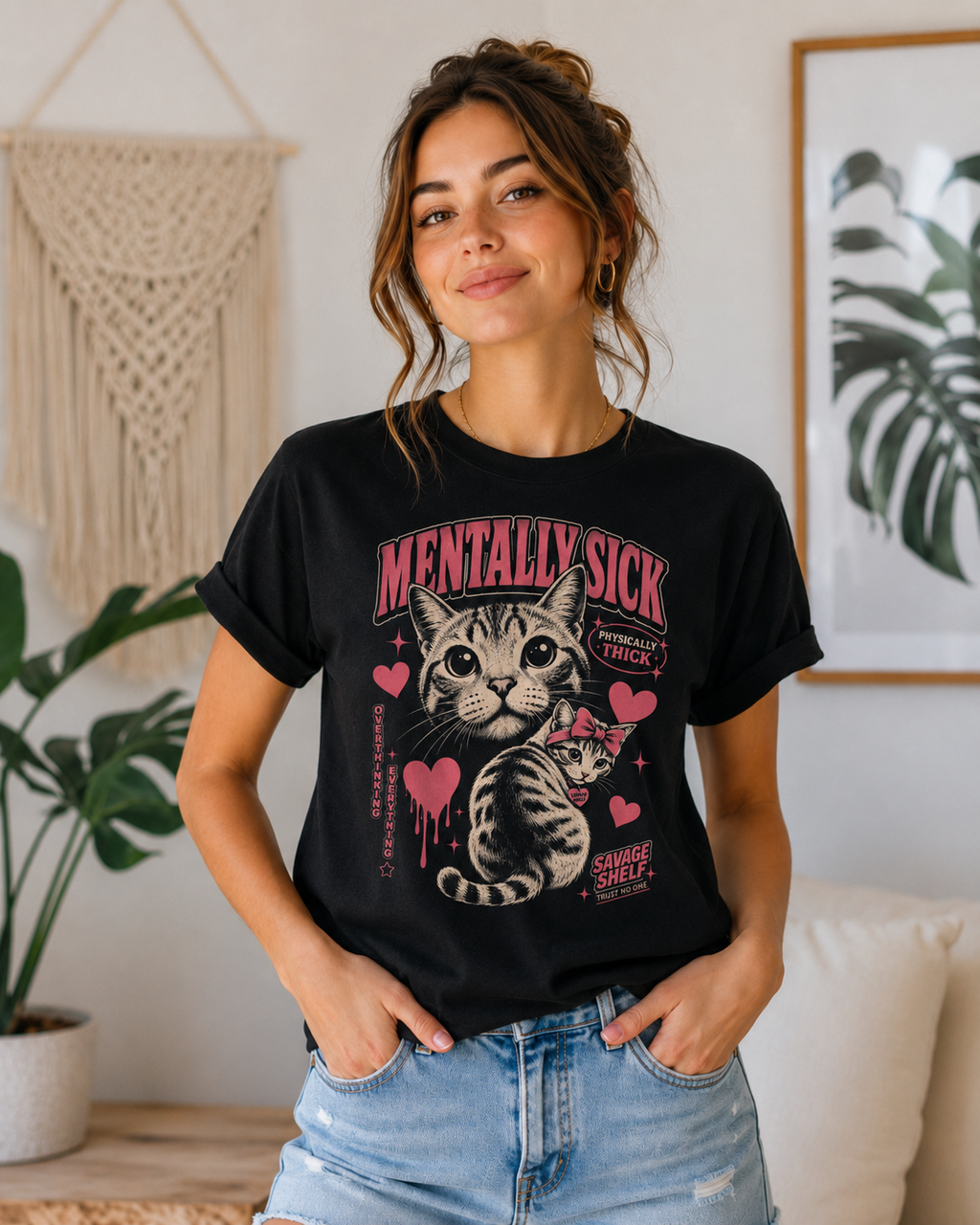 A woman wearing a black graphic t-shirt with a cat illustration and the words 'MENTALLY SICK' and 'THAT'S WHAT I'M FOR'.
