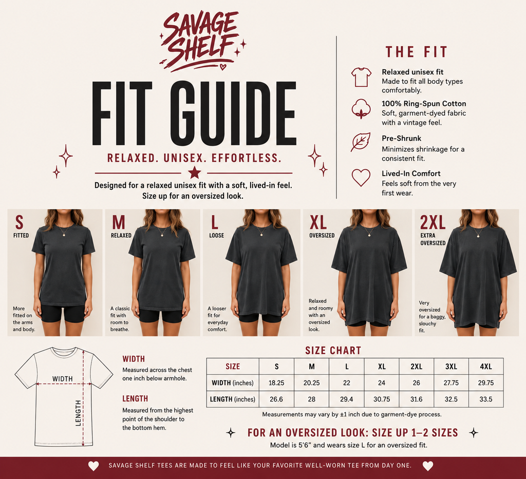 Savage Shelf fit guide infographic showing size charts, fit descriptions for S through 4XL, and a width/length measurement diagram, with model photos wearing black t-shirts on a beige background.